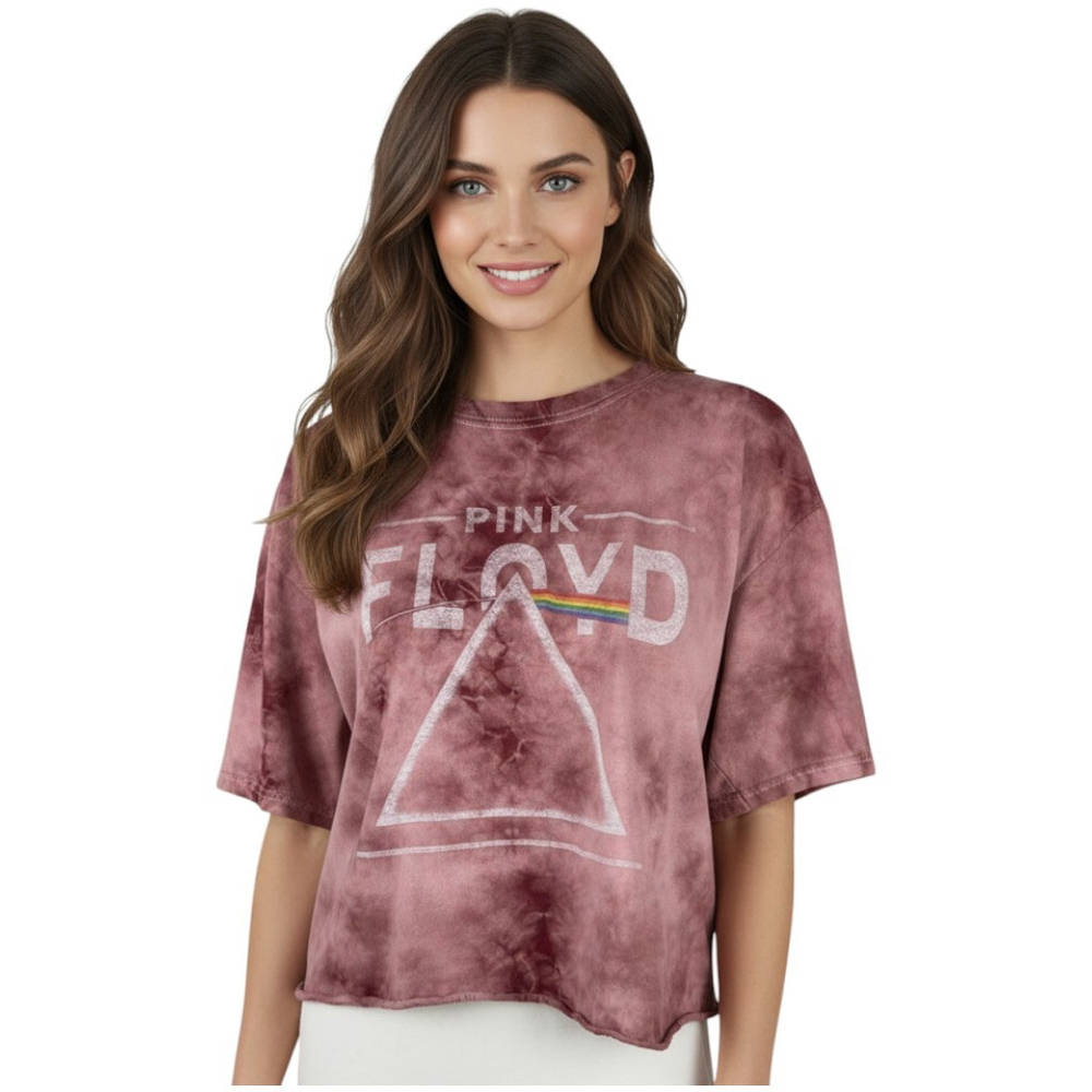 Pink Floyd Dark Side Of The Moon T-Shirt Womens L Pink Tie Dye Cropped Top Tee